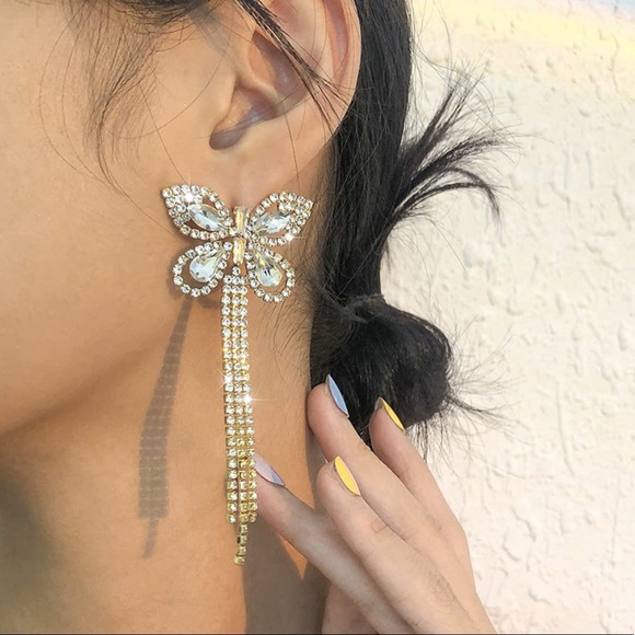 Butterfly Tassel Earrings Vintage Earrings Butterfly Earrings Rhinestone - Picture 3 of 8